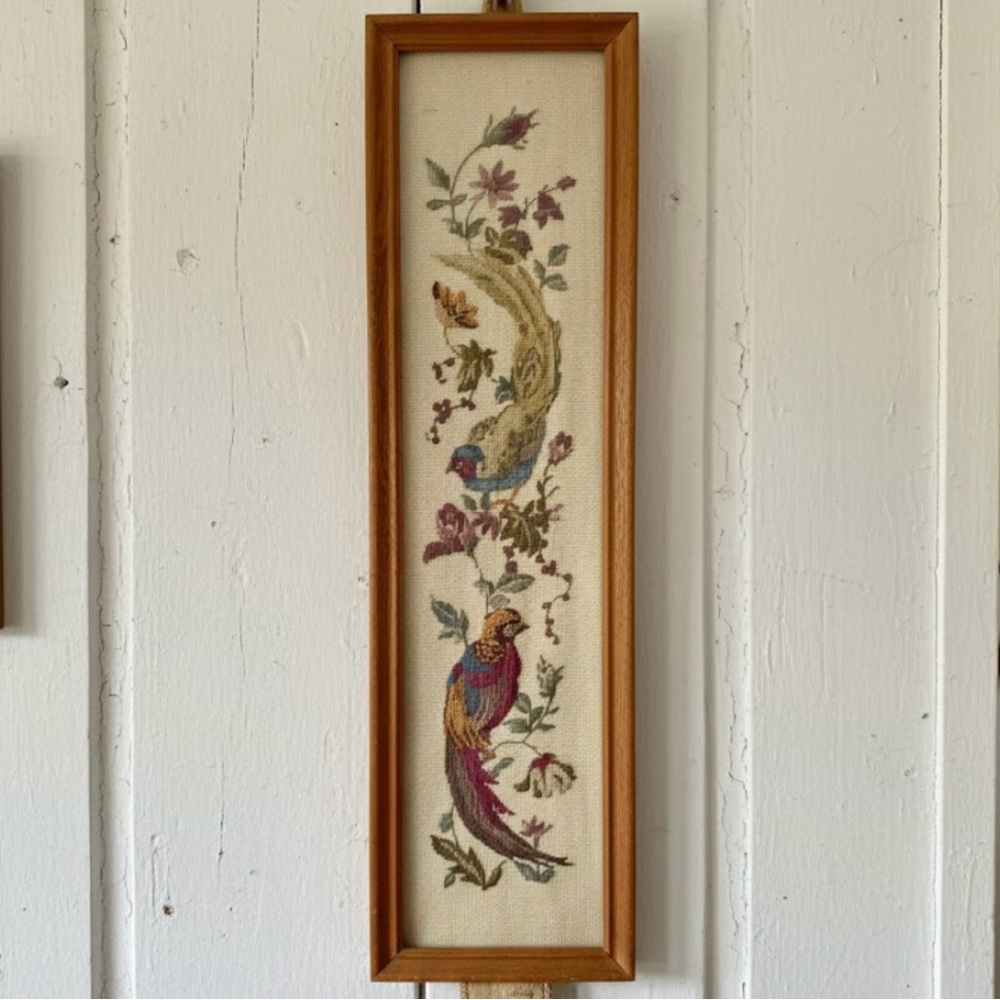 OOAK 30”x9” Vintage Pheasant old world framed bell pull needlepoint with florals